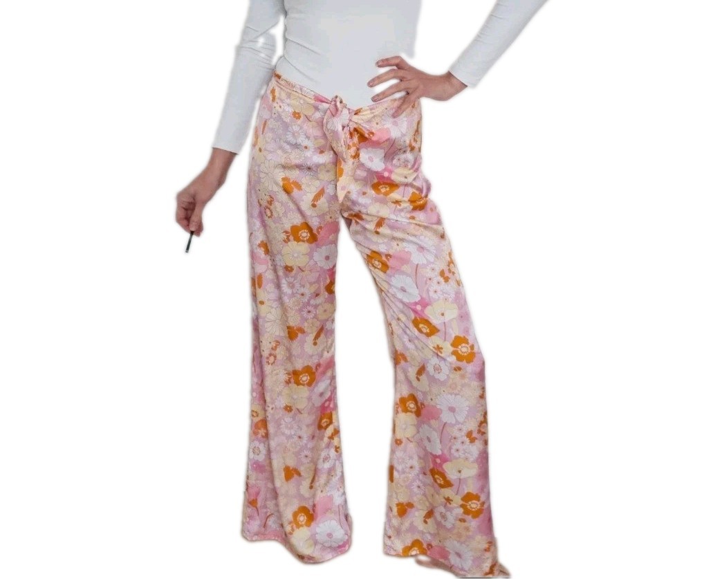 MAJE Women’s White Pink Floral Pants Satin Size 40 Uk 10 12 Tie Front