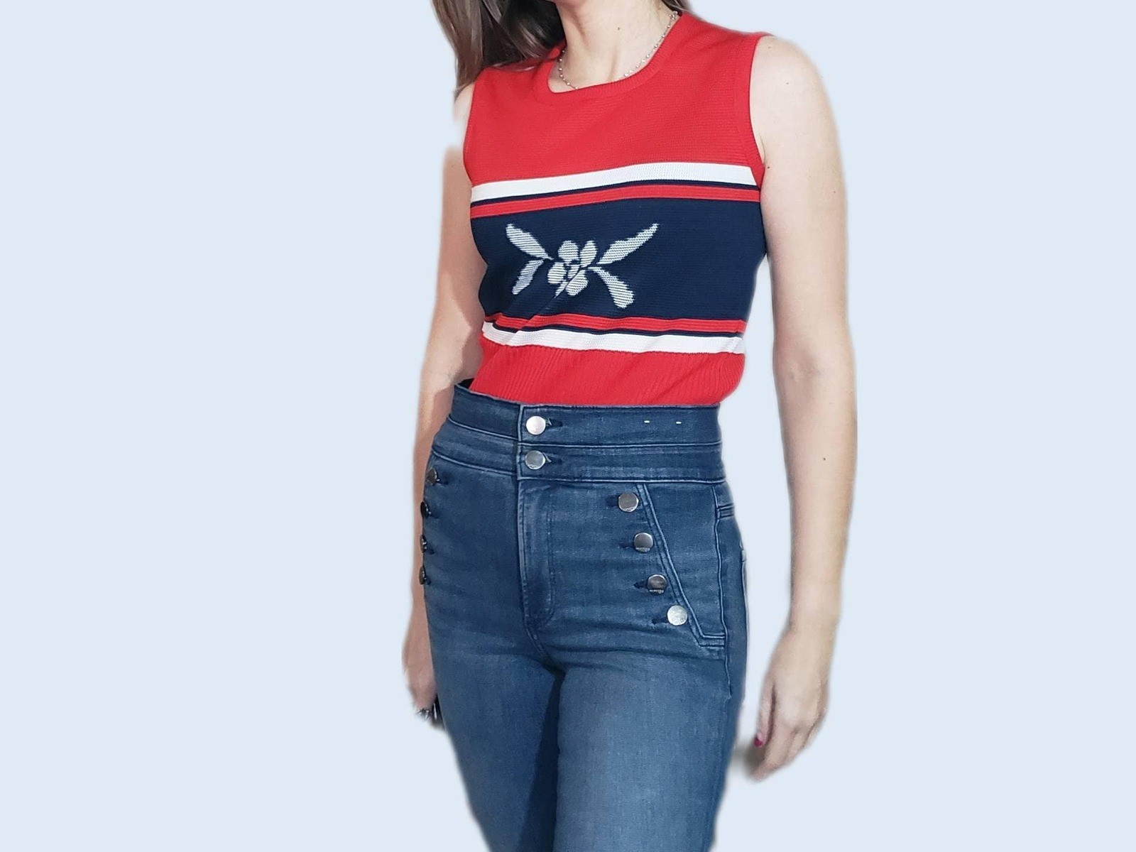 Vintage 60′ Women’s Mod Knit Tank Top Shirt Red White Blue Patriotic Striped M