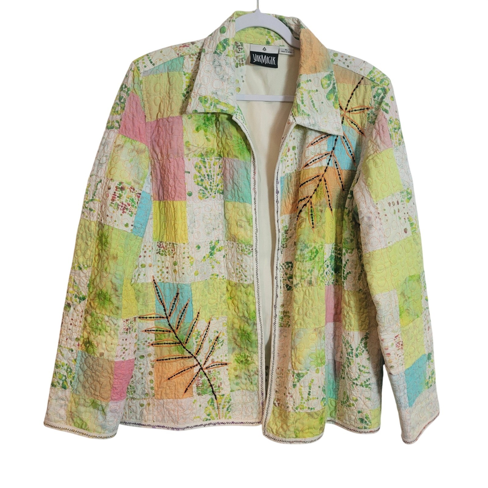 Yak Magik Womens XL Patchwork Quilted Jacket Pastel Beaded Embroidered Nepal