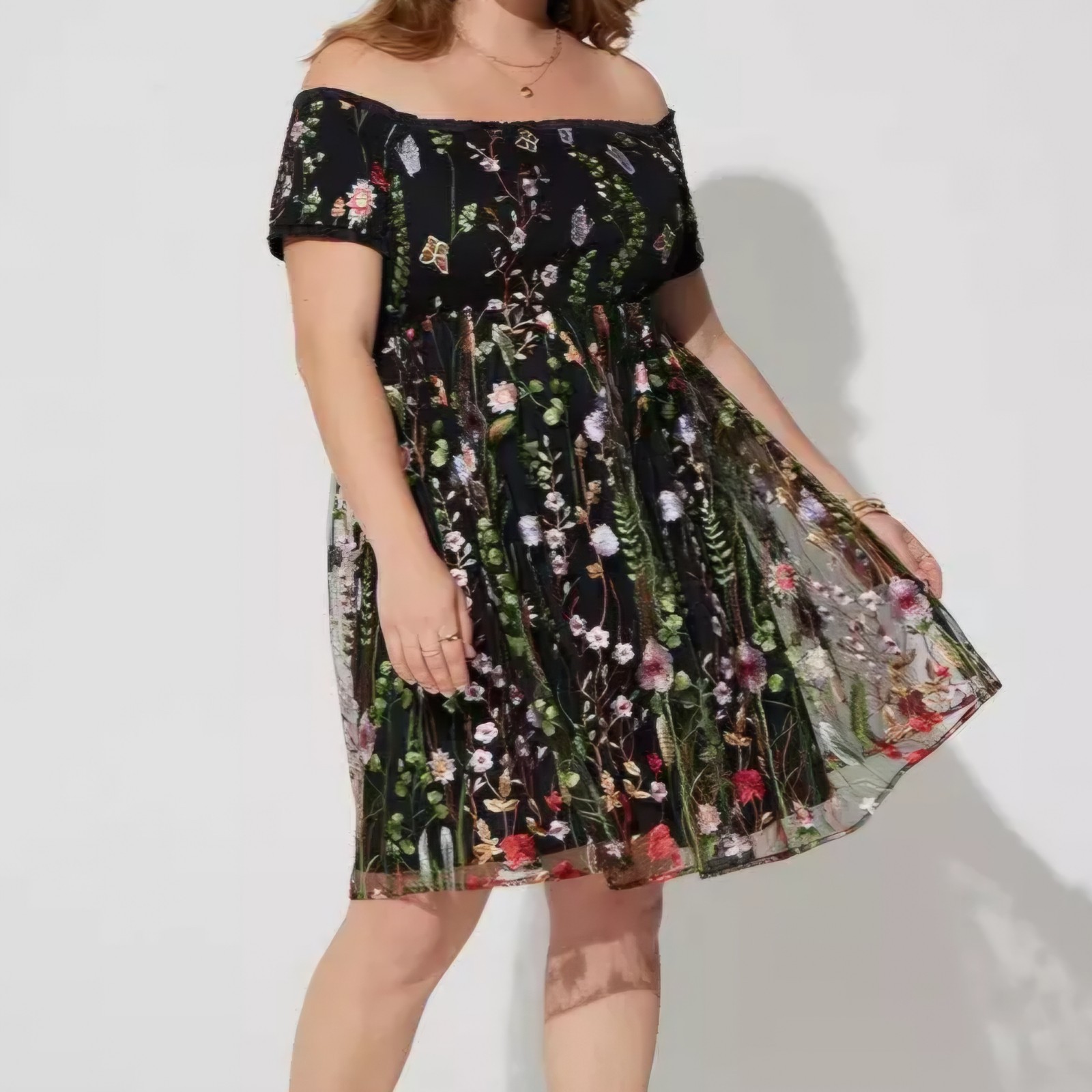 Torrid 1 1X 14-16 Black Embroidered Floral Lined Mesh Skater Dress Off Shoulder