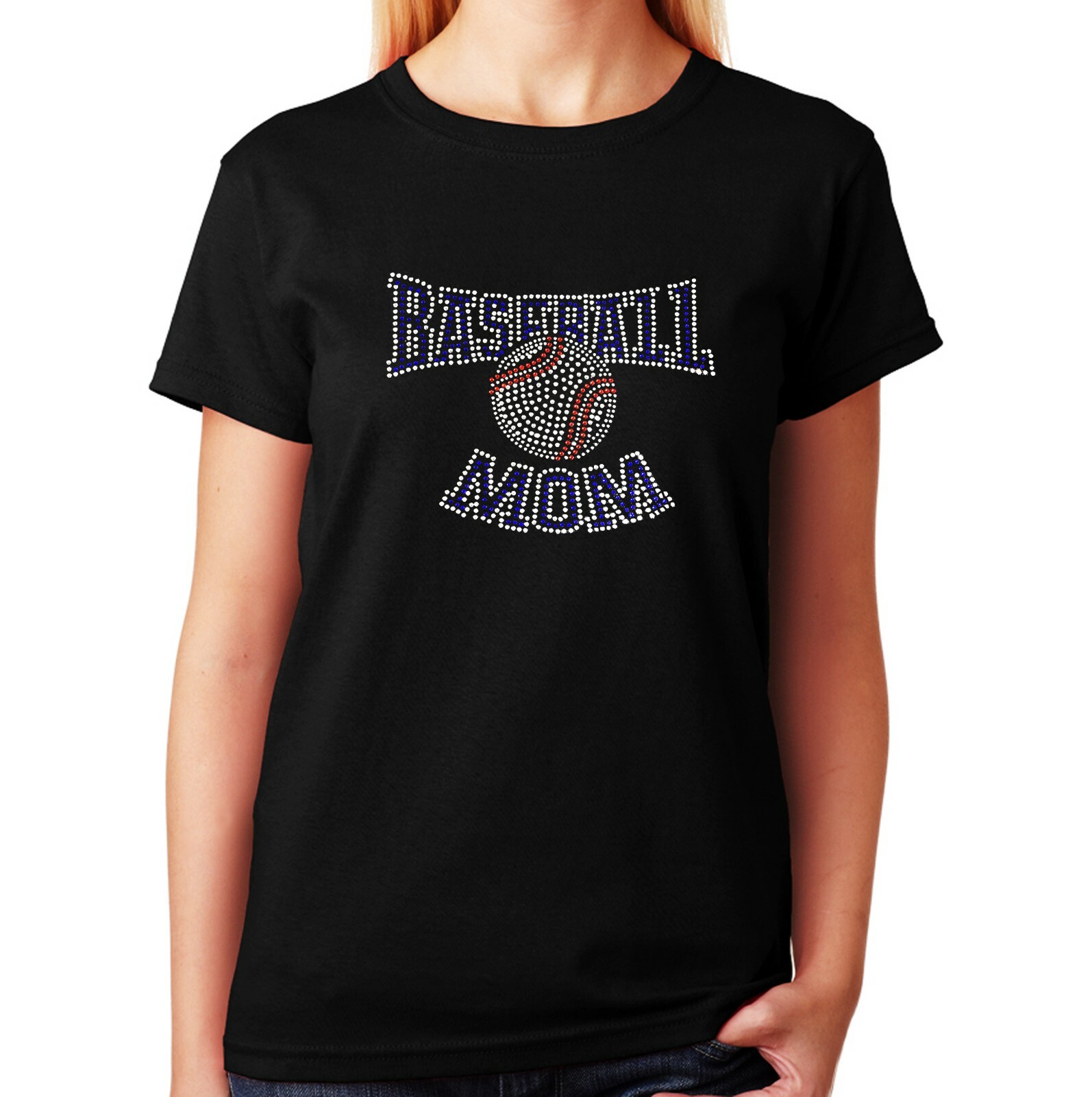 Women’s / Unisex Rhinestone T-shirt ” Baseball Mom with Blue ” in Sm to 3XL
