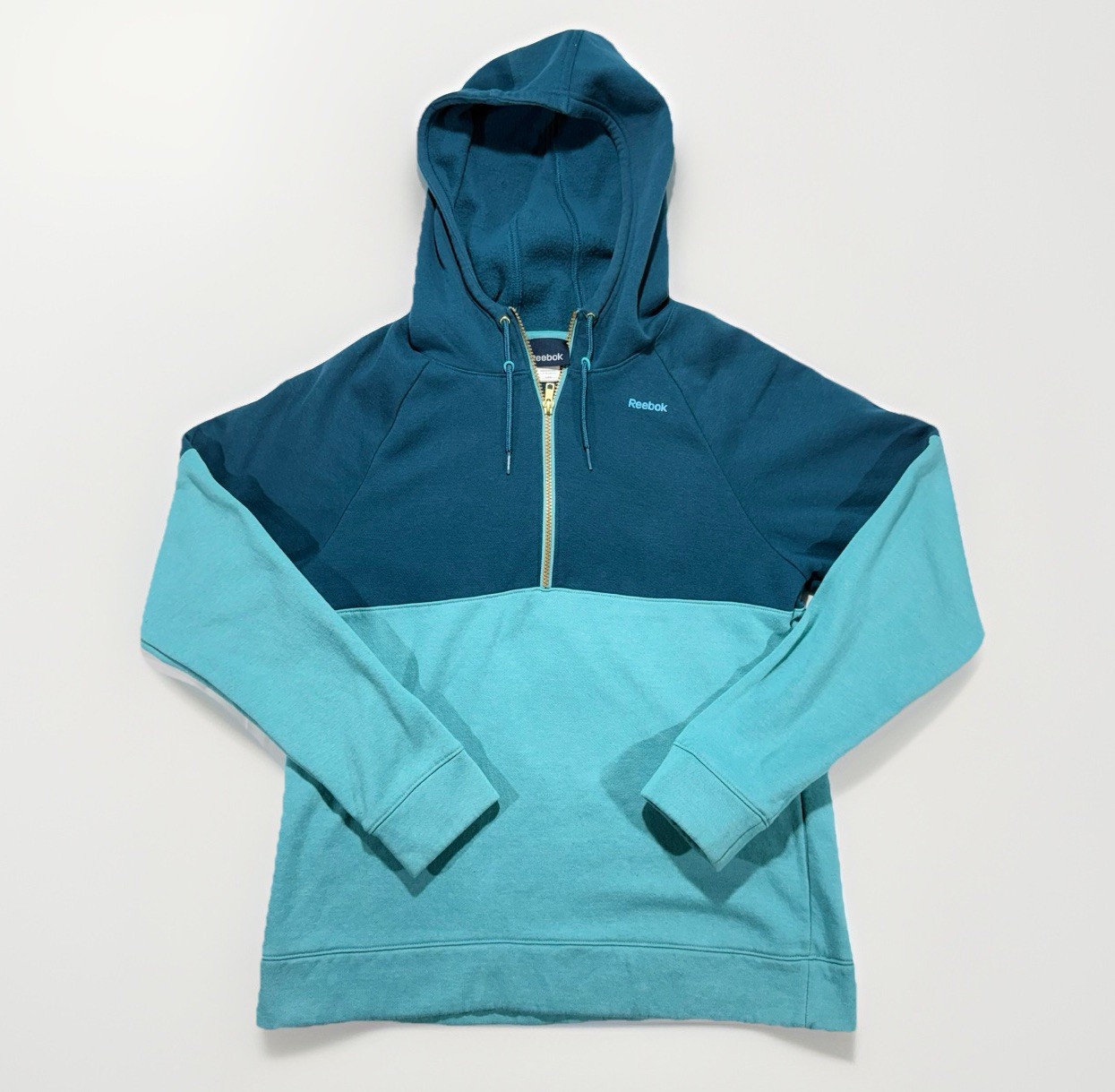 Reebok Women’s Colorblock Quarter-Zip Fleece Pullover Hoodie Teal Blue Xl
