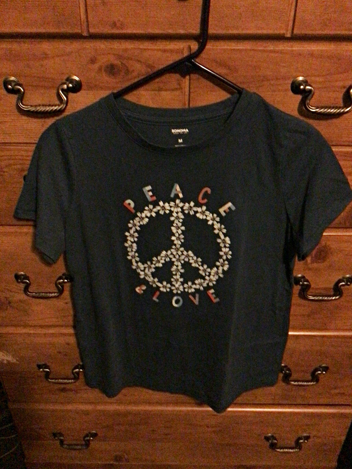 Sonoma Womens M Blue Peace Love Graphic Crew Neck Short Sleeve Knit T-Shirt