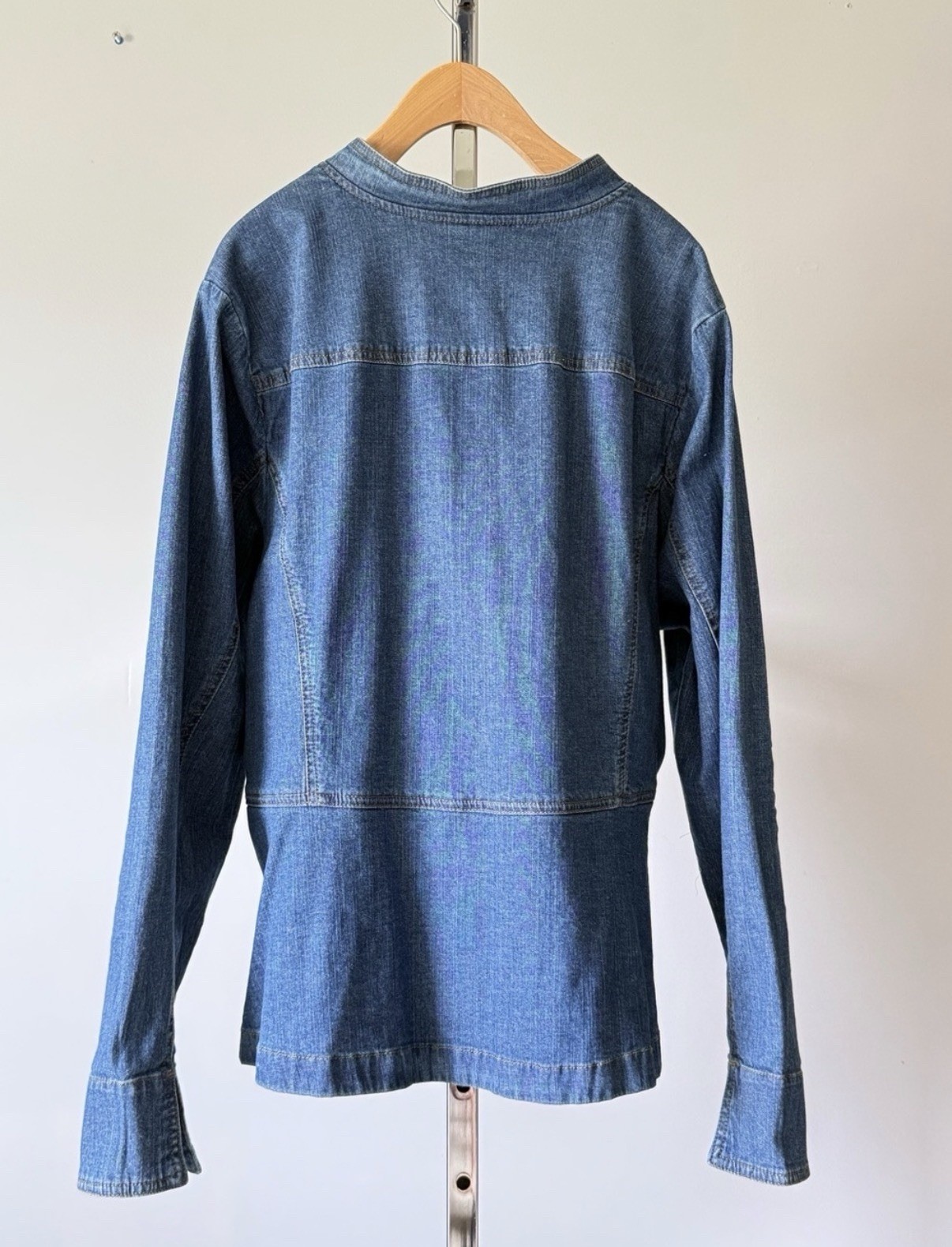 Denim & Co Women 1X Jacket Full Zip Blue Stretch Collarless Jean Coat Plus EUC