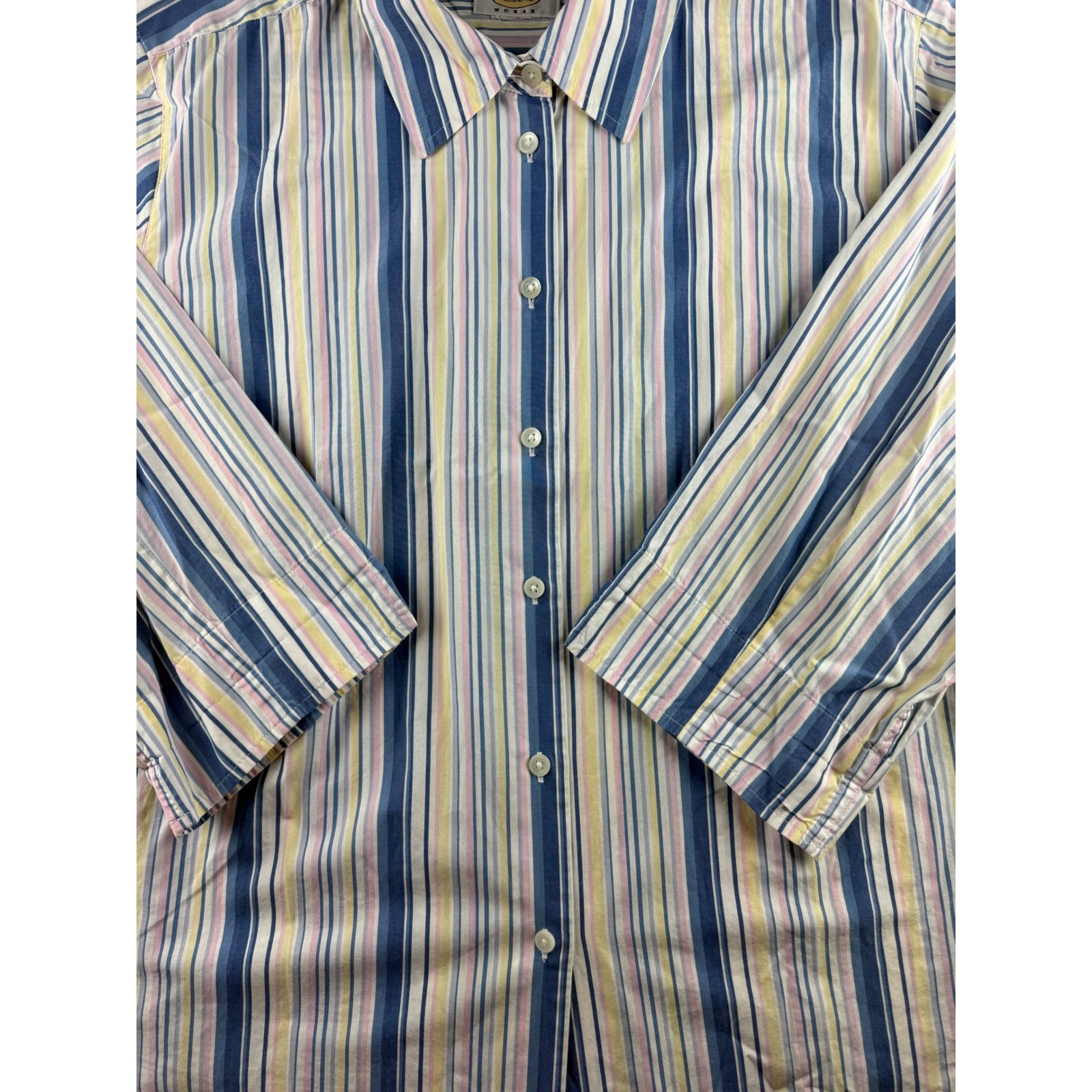 Talbots Woman Blue Yellow Pink Striped Button Down 3/4 Sleeve Shirt Plus Size
