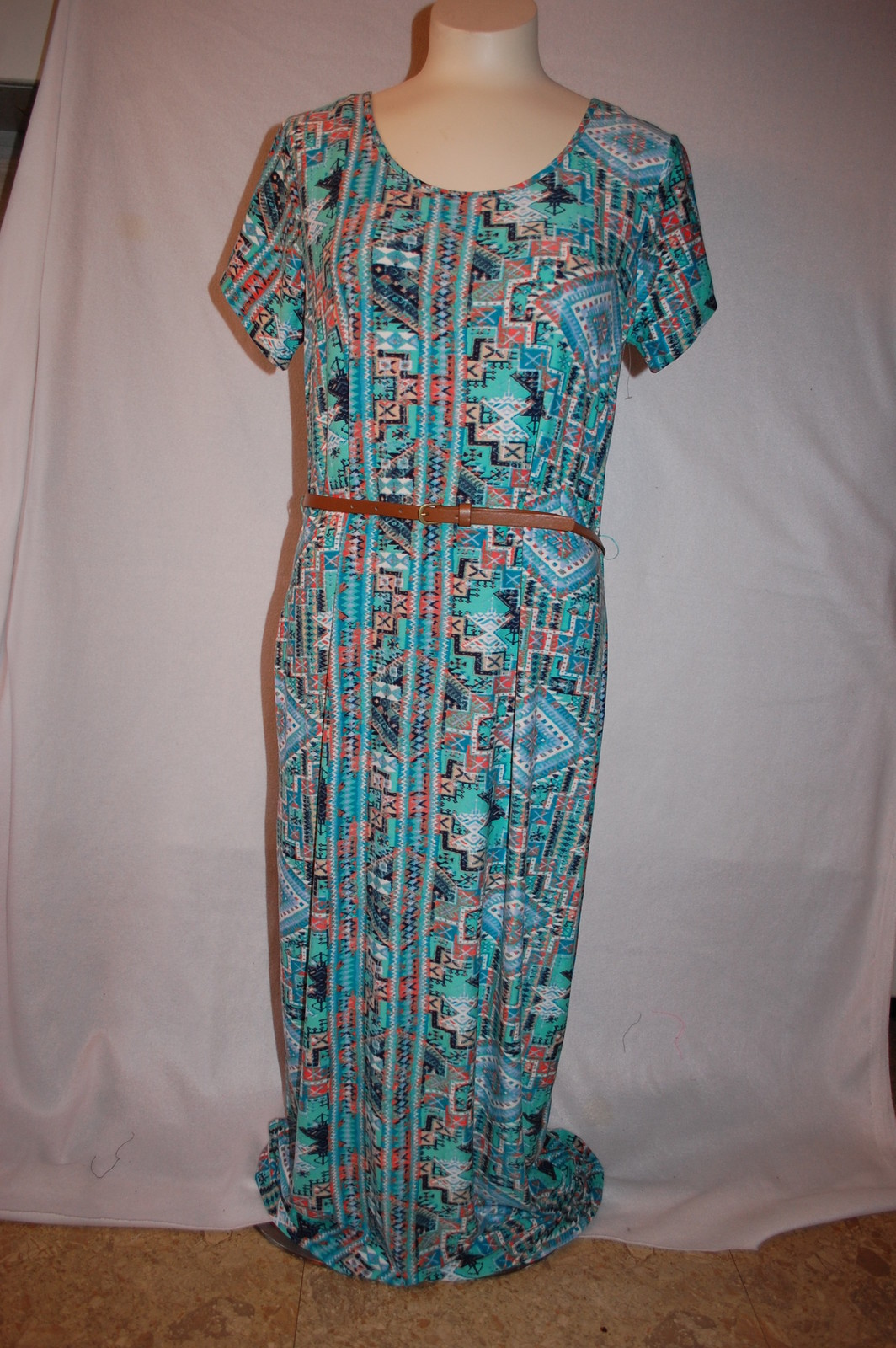 Womens S/S Maxi Dress AZTEC PRINT Lace Panel MULTI-COLOR Belt S M L XL 2X 3X