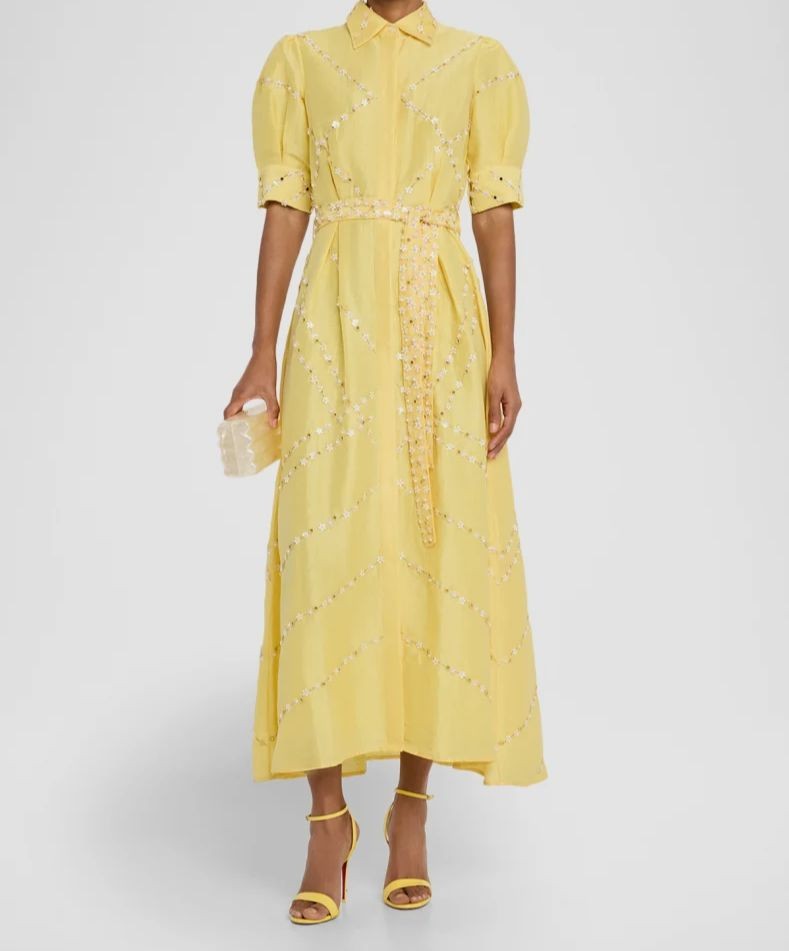 La Fuori Womens Yellow Embellished Organza ShortSleeve Belted Shirt Dres G1N