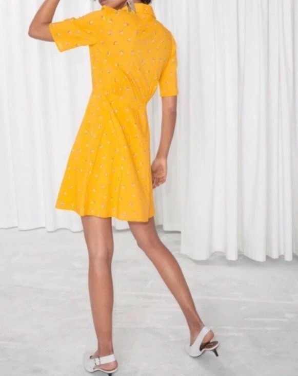 Size 10 & Other Stories Tropical Flower Skater Mini Dress Yellow Womens Casual
