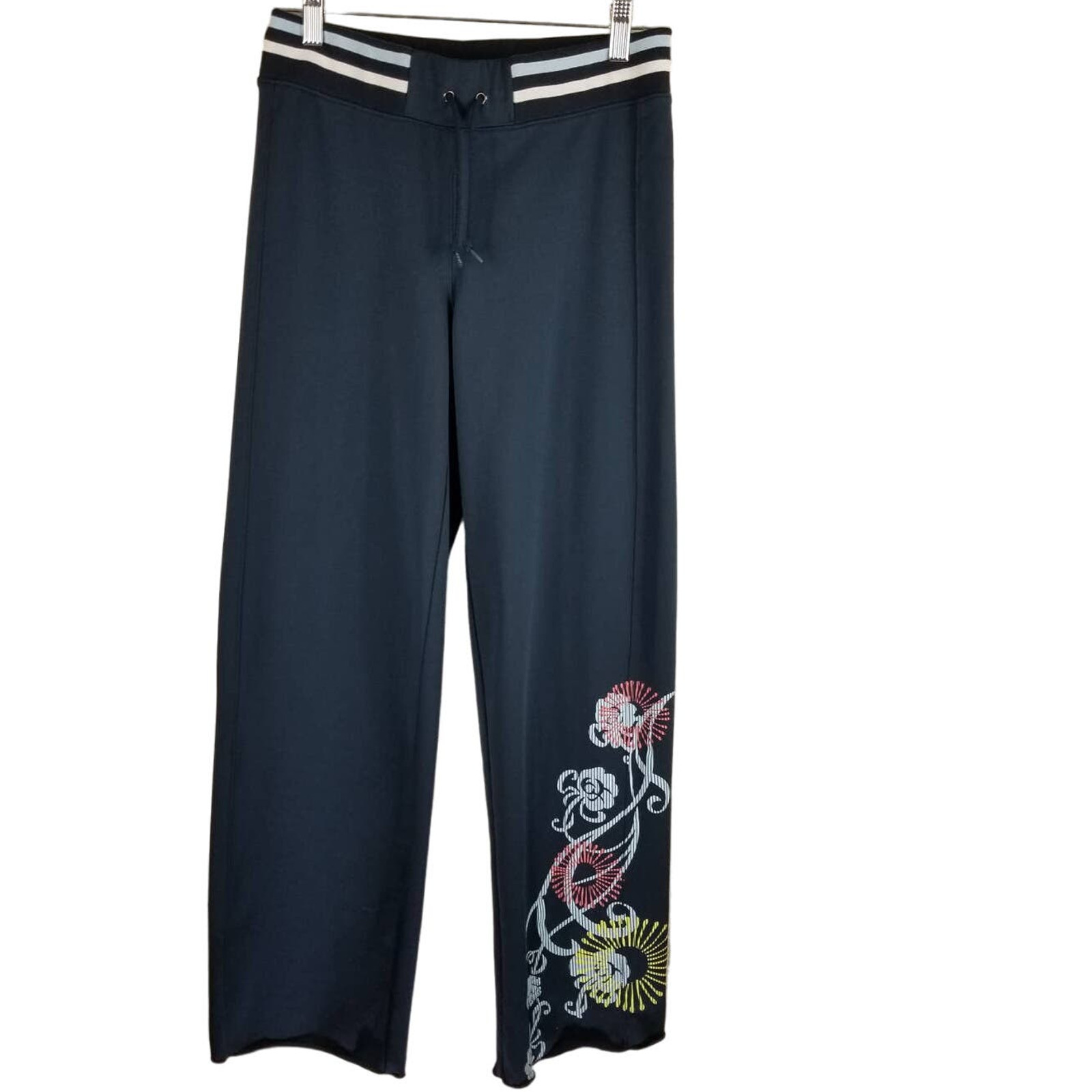 Athleta Navy Blue Yellow/Pink/Blue Floral Design Wide Leg Pants Women’s Small