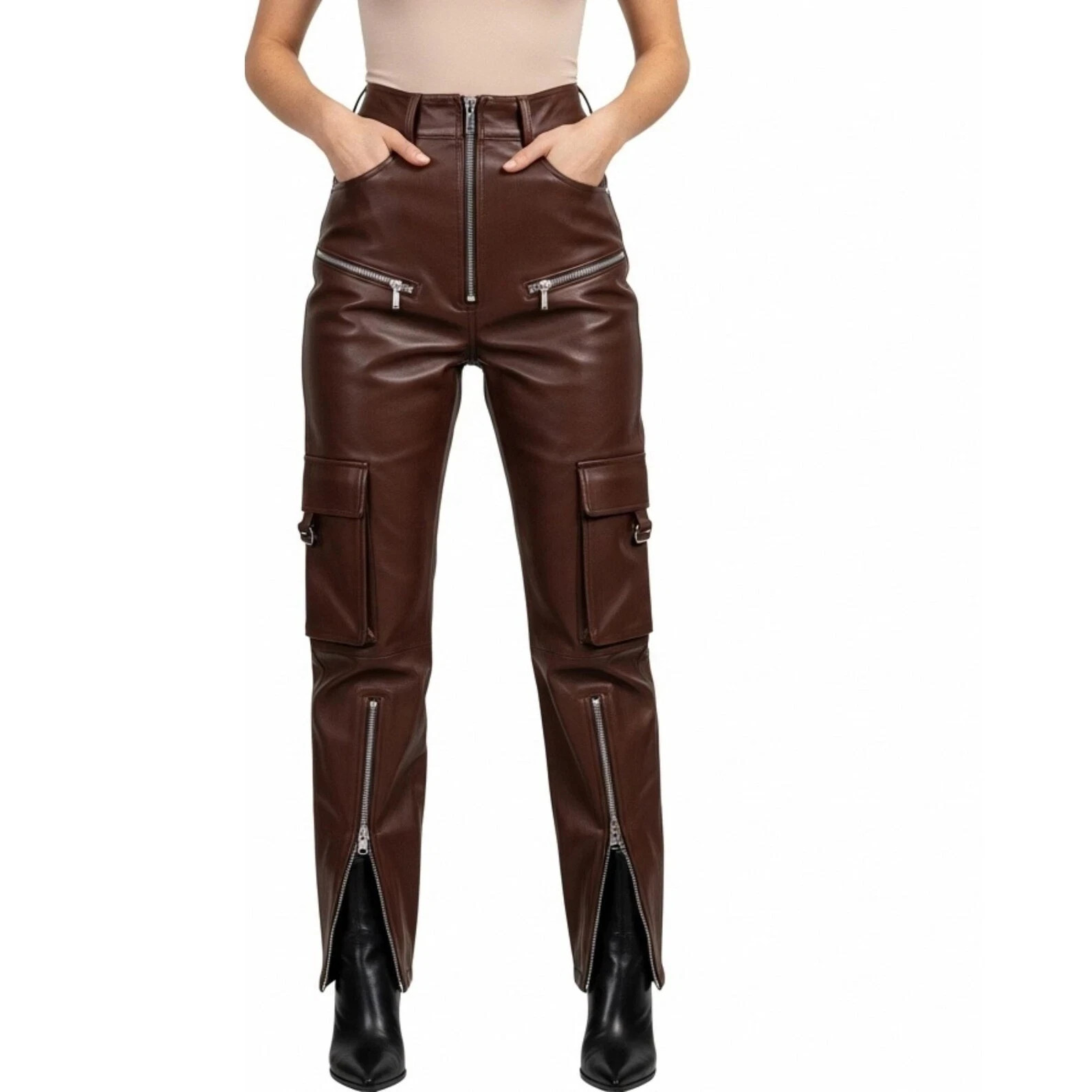 Brown Lambskin Leather Cargo Pants | Genuine Leather High Waisted Biker