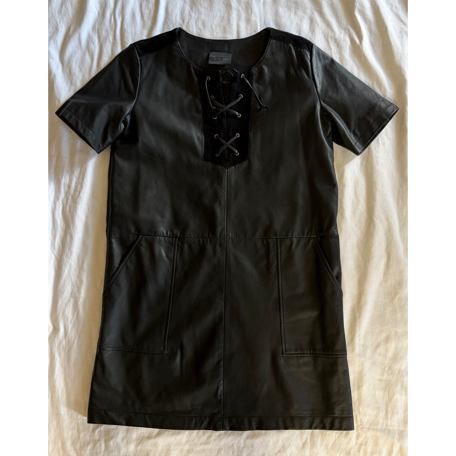 Stella Nova Black Genuine Leather Lace-Up Short Sleeve Mini Dress Size 40 (US 8)