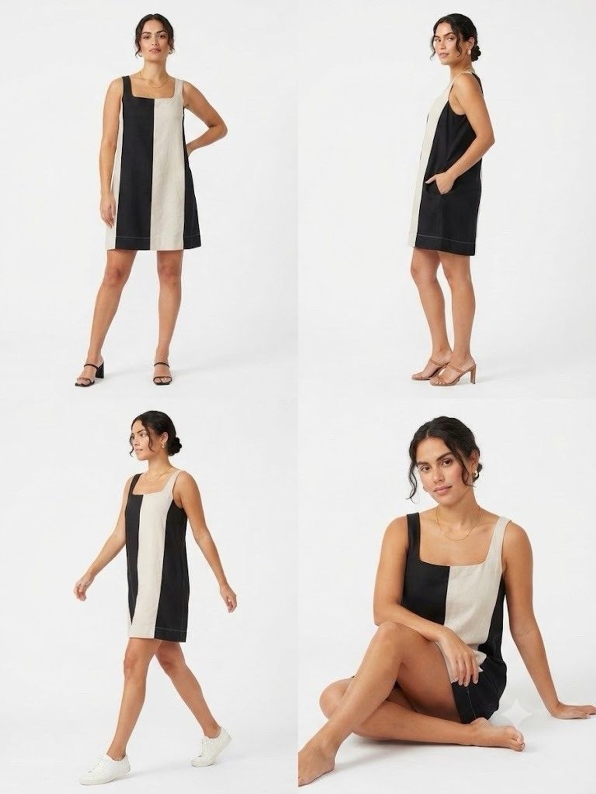 MiouMuse Color Block Mini Linen Dress S Beige/black Strappy Sleeveless Mod Indie