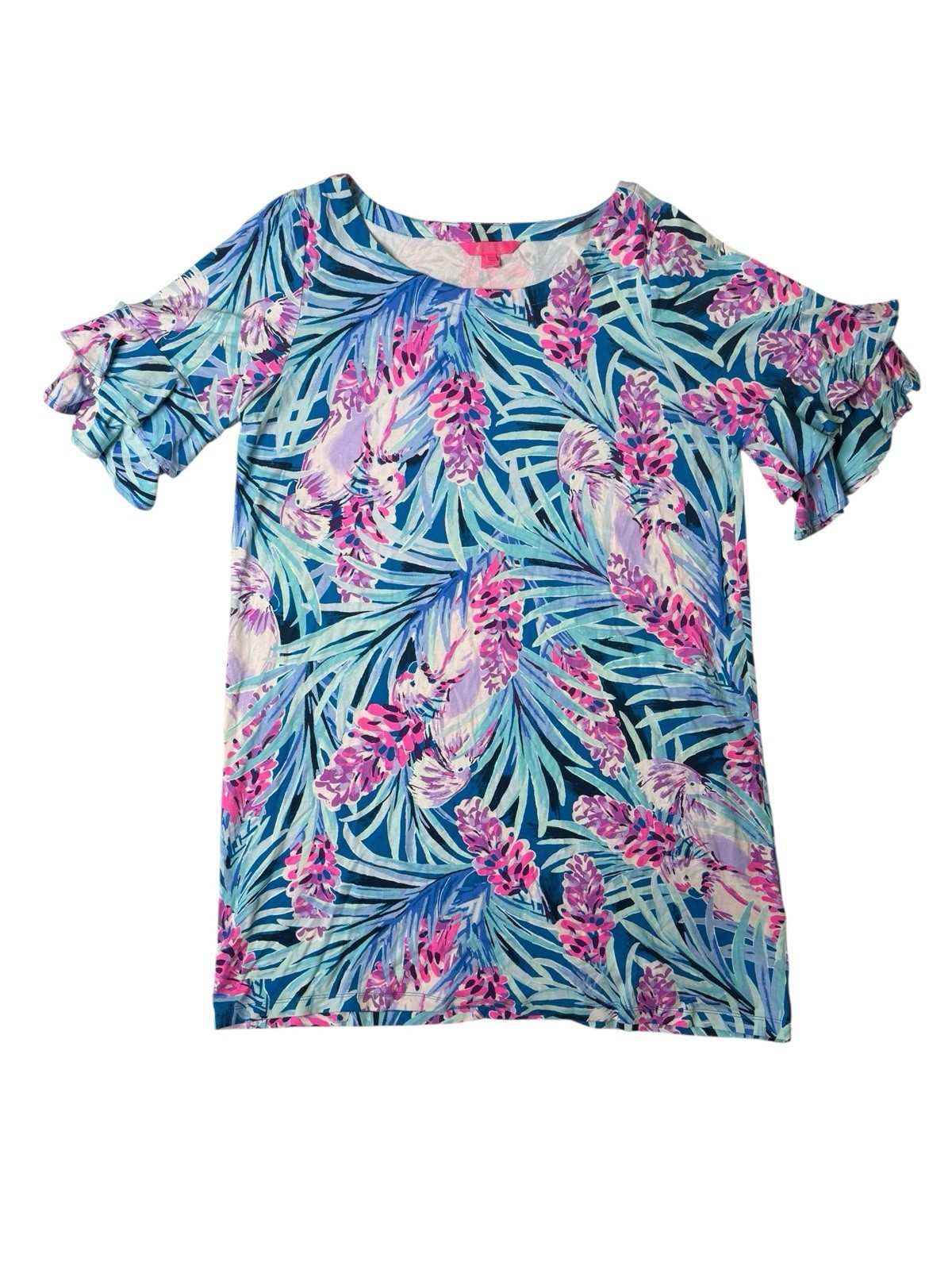 Lilly Pulitzer Lula Dress Womens XL Mr Peacock Tweethearts Print Ruffle Sleeve