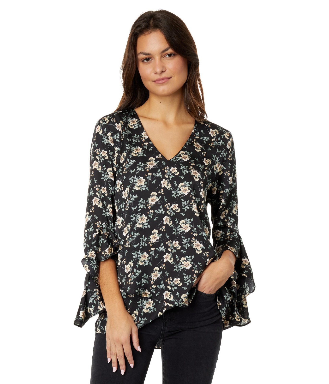 Vince Camuto Tunic Blouse Rich Black Floral Polyester, XXS