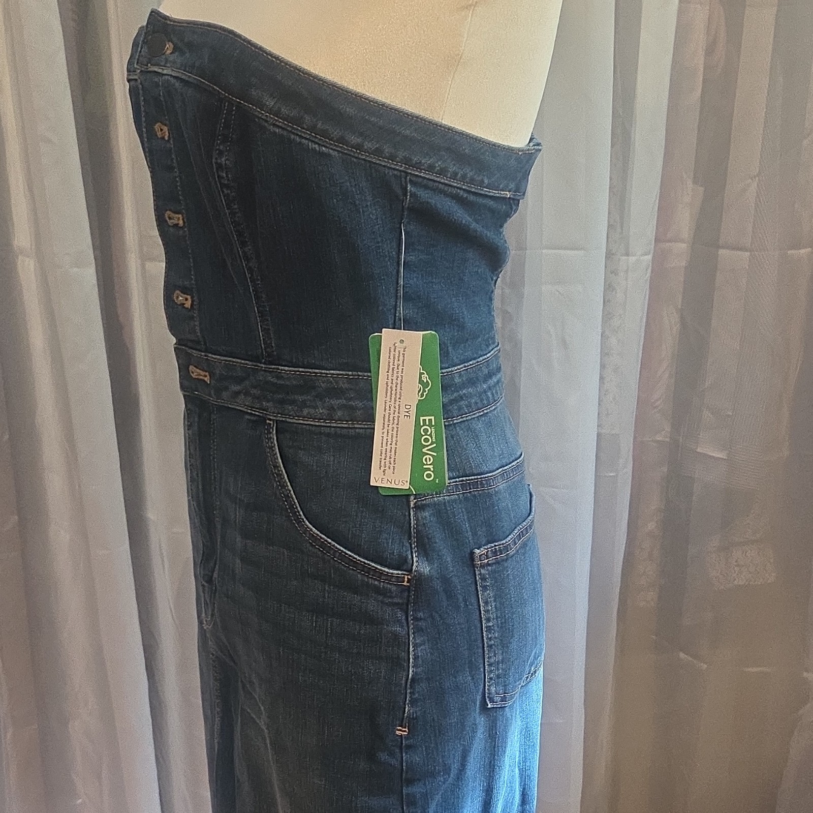 Women’s Strapless Blue Denim Sheath Dress Button Front Pockets Knee Length L