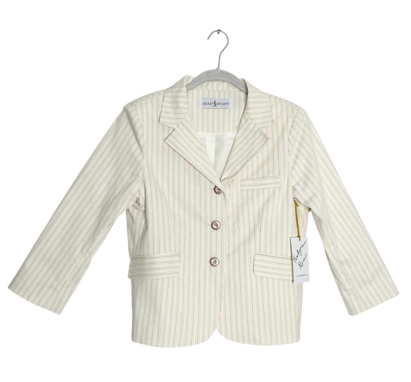 Jacket Society Women’s Pinstripe 3-Button Classic Blazer in Cream – Sz M – New