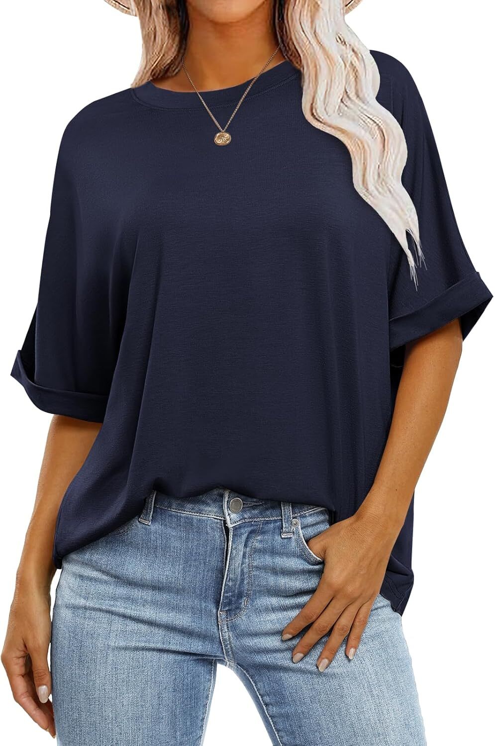 Womens Oversized Short Sleeve Crewneck T Shirt Casual Loose Fit Tunic Top Summer