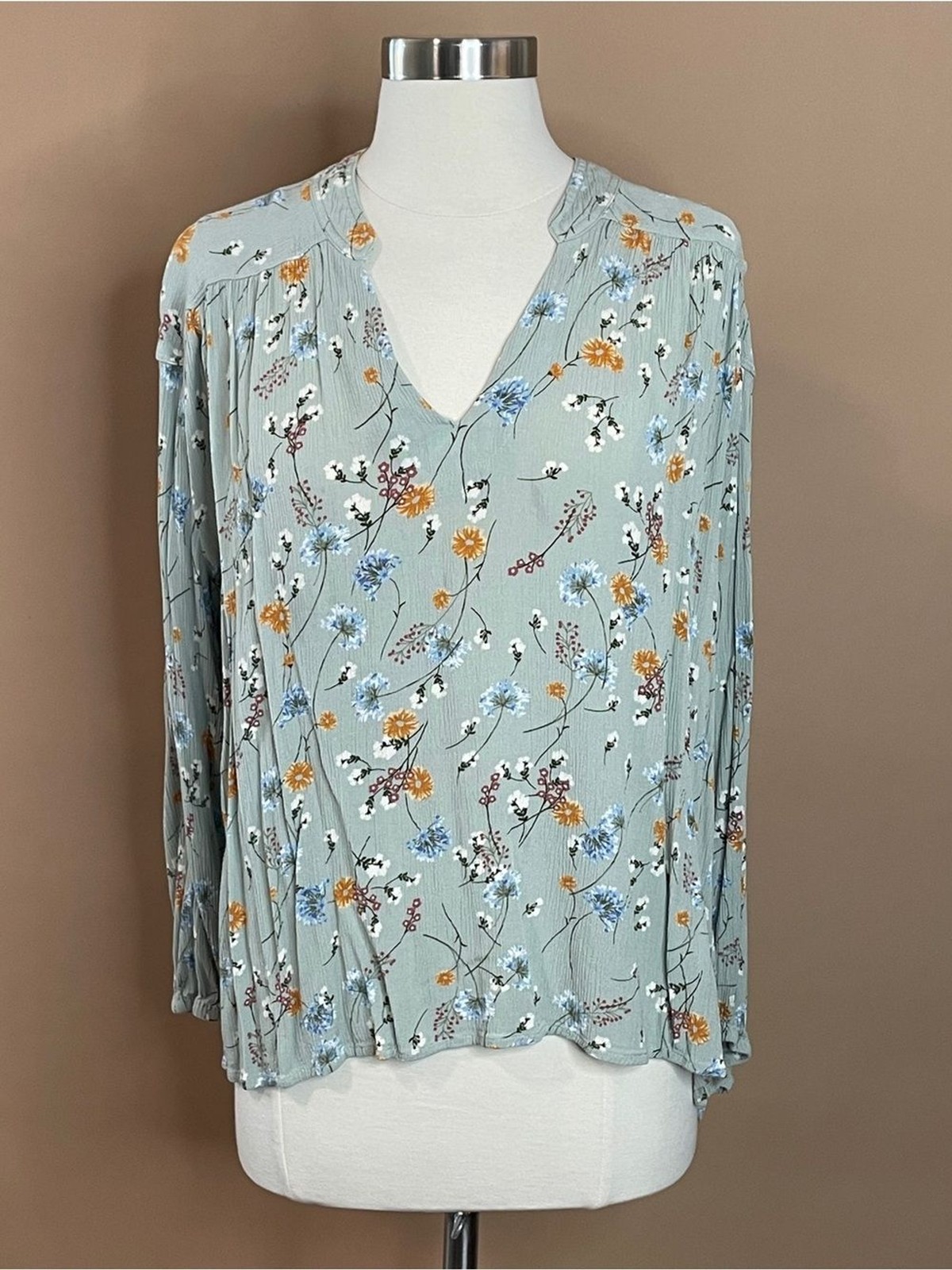 A.N.A. Floral Peasant Blouse XXL Sage Green Long Sleeve Boho Rayon Top