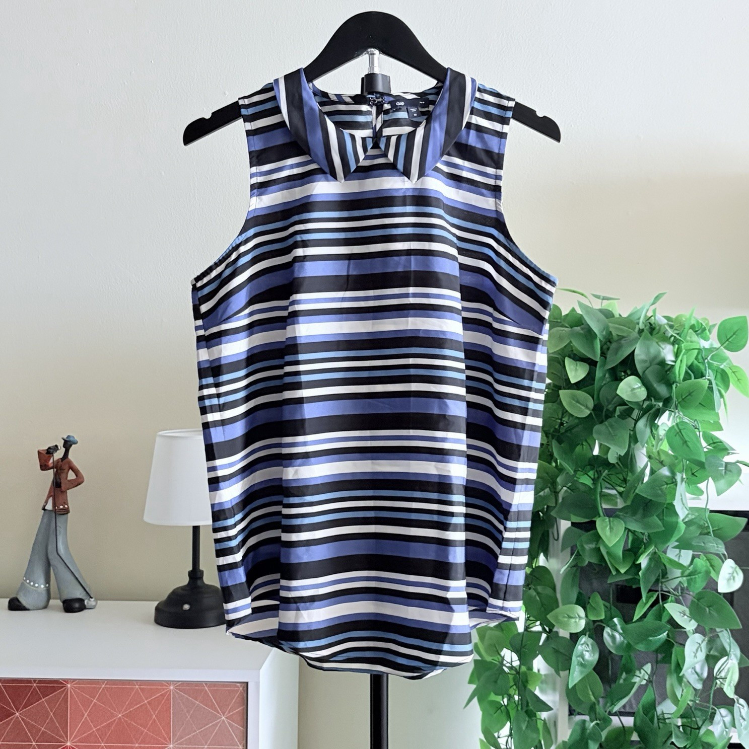 Gap Blue Black White Striped Collared Woven Sleeveless Blouse Medium Top