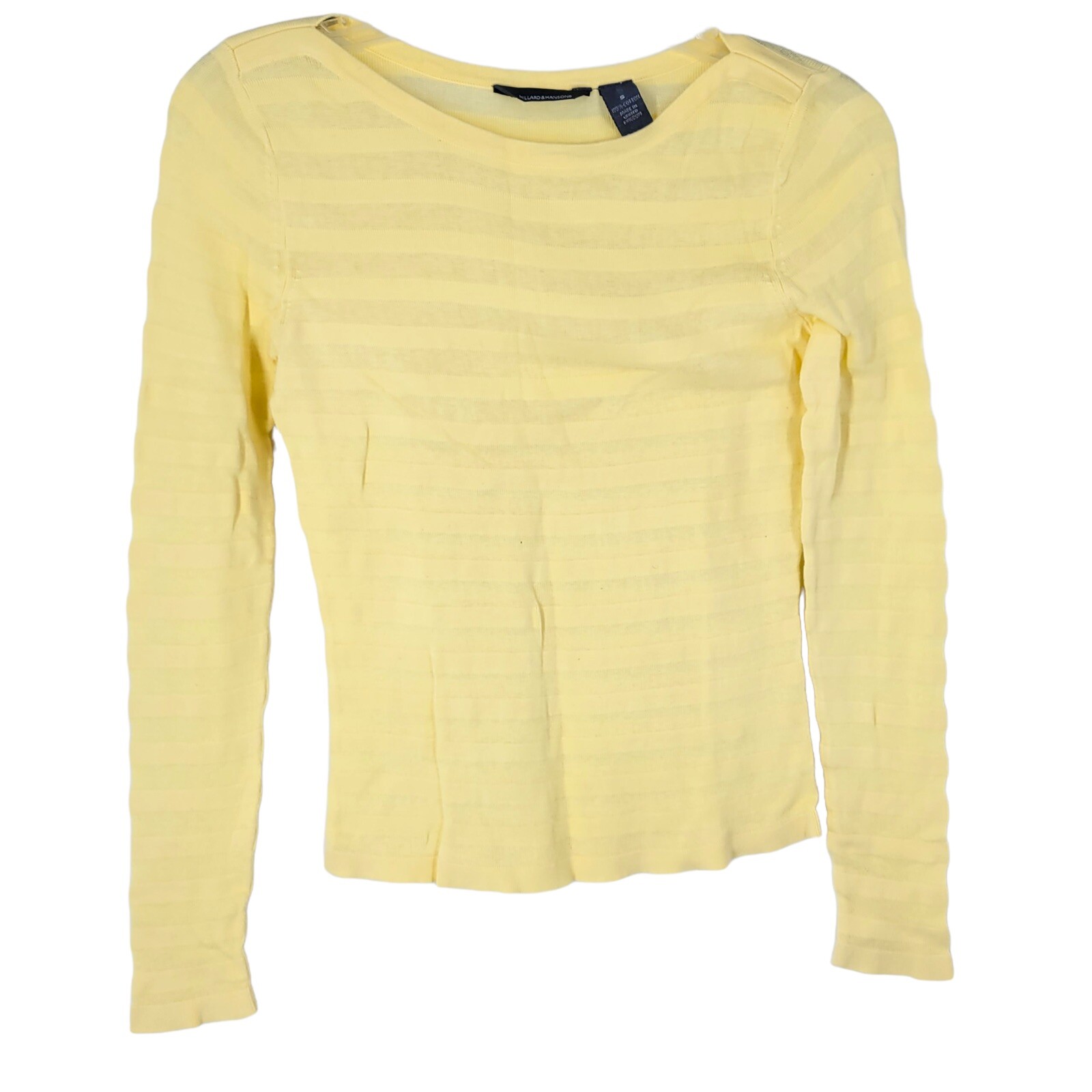 Hillard & Hanson Sheer Yellow Boat Neck Striped Shirt Blouse Cotton Small twee