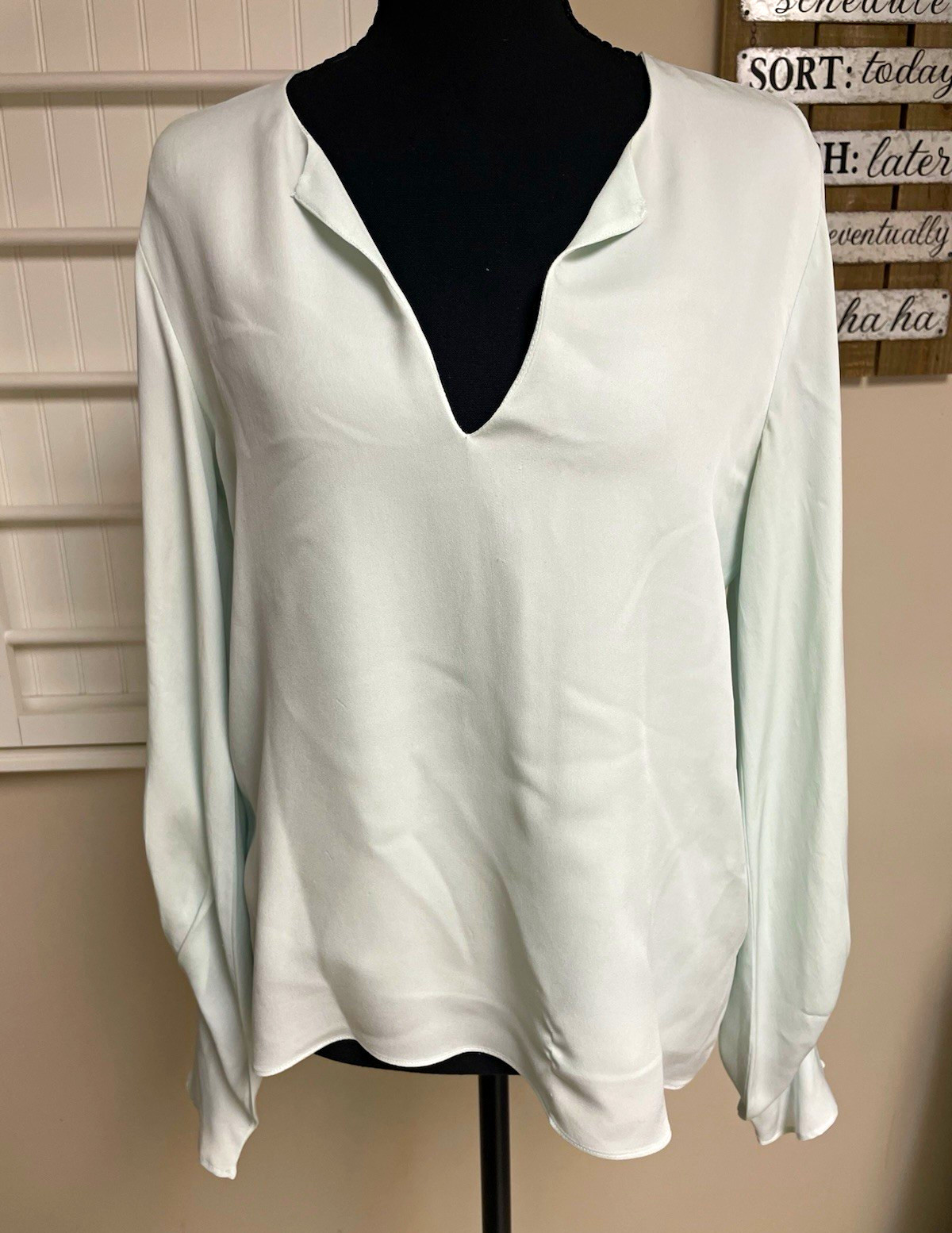 Joie Light Blue Solid V-Neck Long Sleeve Tie Cuff Lined Satin Blouse M