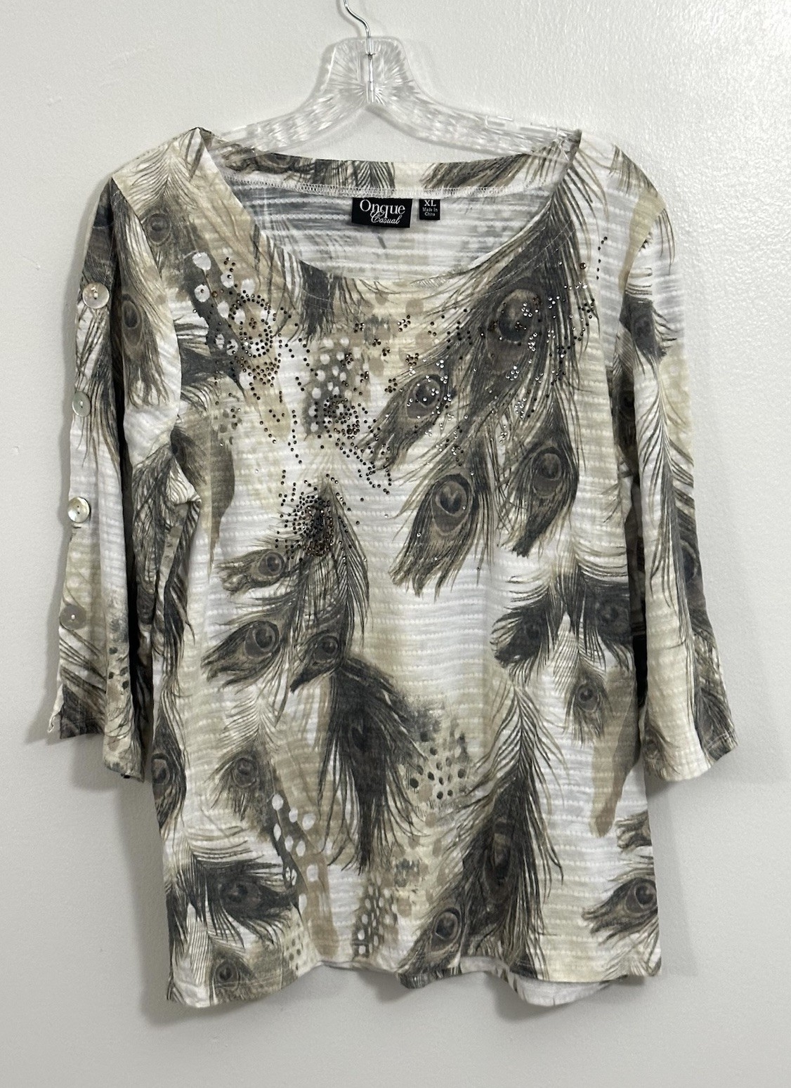 Onque Casual Boho Tunic Top XL Cream Green Feather Print Hippie Casual Office