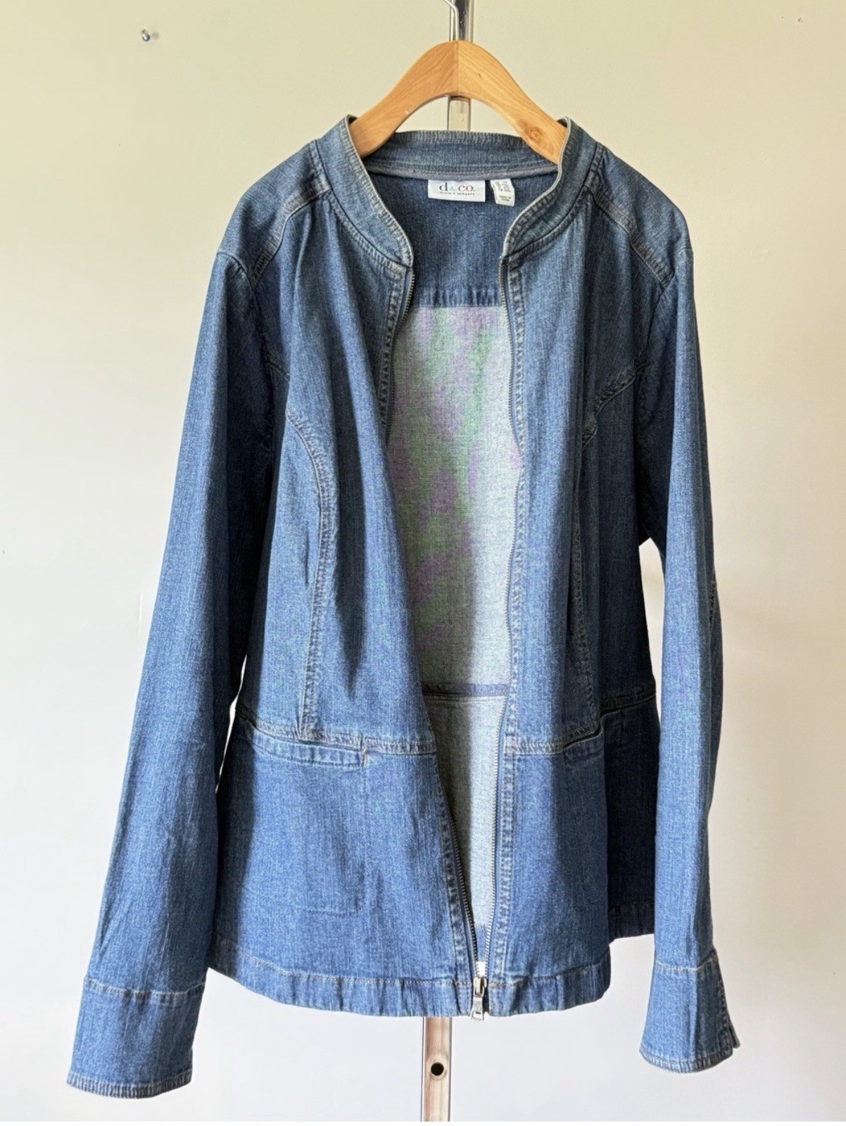 Denim & Co Women 1X Jacket Full Zip Blue Stretch Collarless Jean Coat Plus EUC