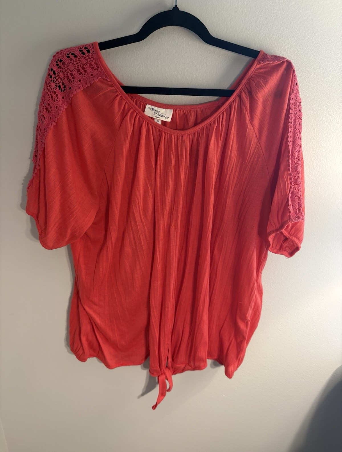 Alison Brittney Women’s Plus 2X Orange Peasant Scoop Neck Blouse Crochet Tie