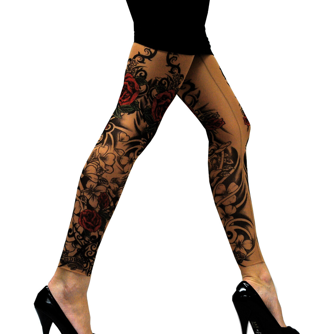 Wild Rose Ladies FLAMENCO Tattoo Leggings Tan Mesh Red Rose Black Water