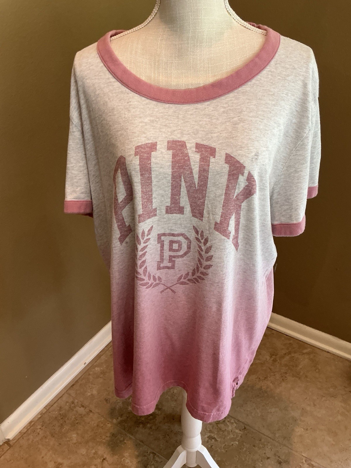 PINK By Victoria secret Ombré campus ringer Tee Sz XL pink & grey