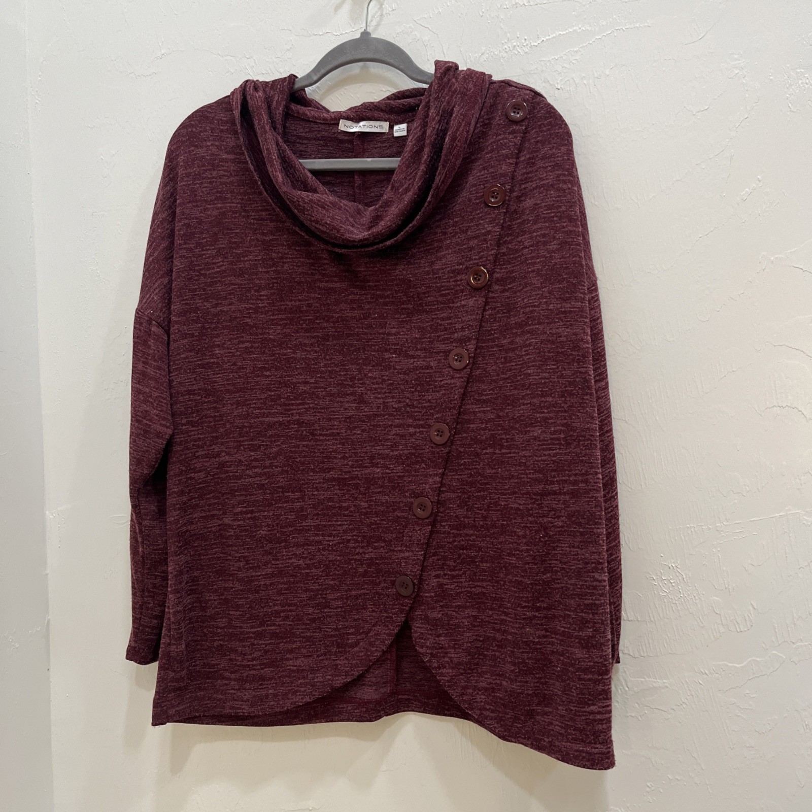 Notations Cowl Neck Top Women Large Burgundy Asymmetrical Button Long Sleeve