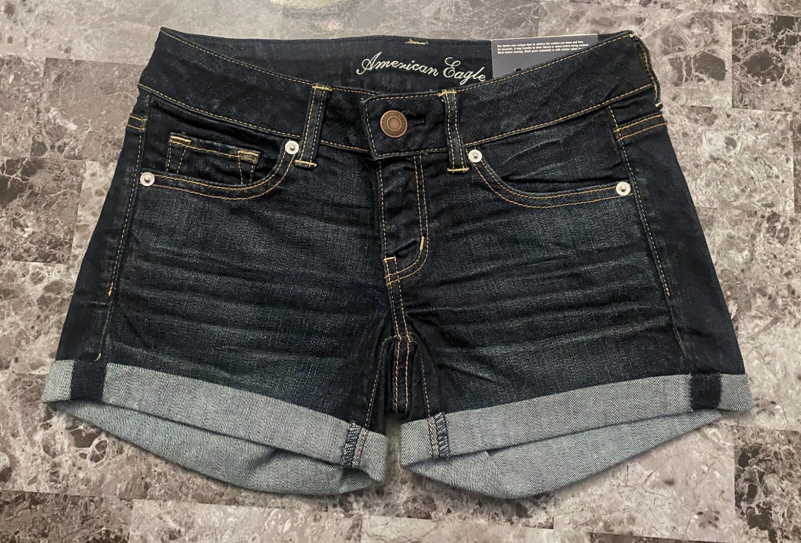 NWT AMERICAN EAGLE 4 DARK BLUE WHISKER WASH CUFFED DENIM MIDI JEAN SHORTS