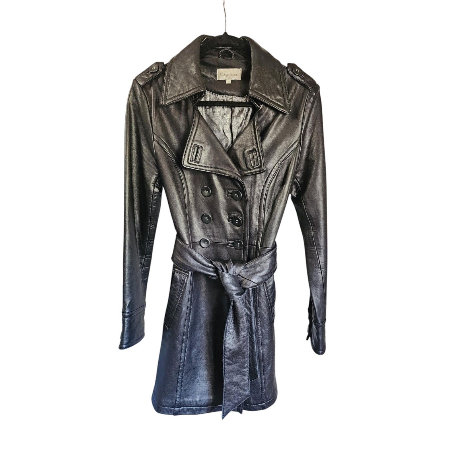 Costa Blanca Womens Black Leather Trench Coat Double Breasted Belted Jacket