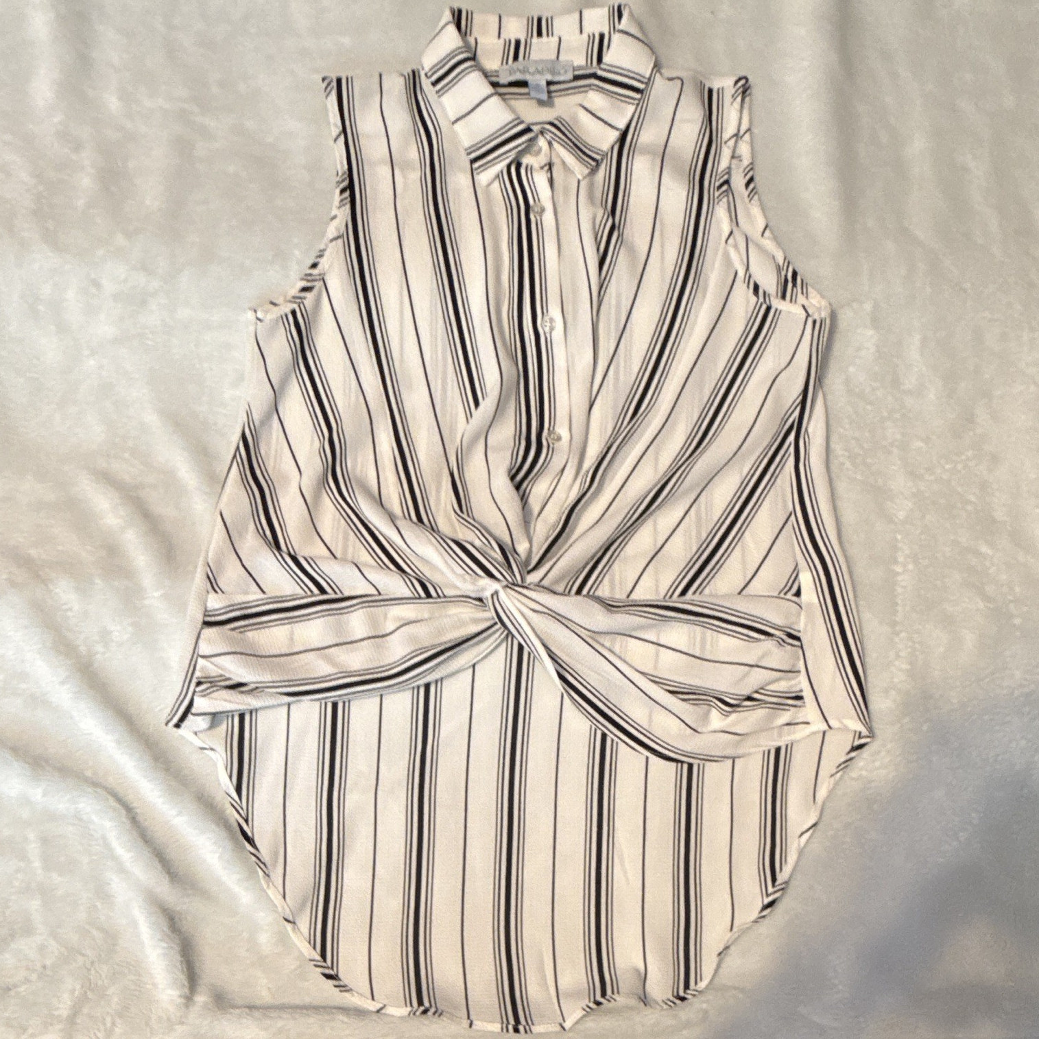Paradiso Womens M White/Black Striped Chiffon Sleeveless Collared Button Blouse