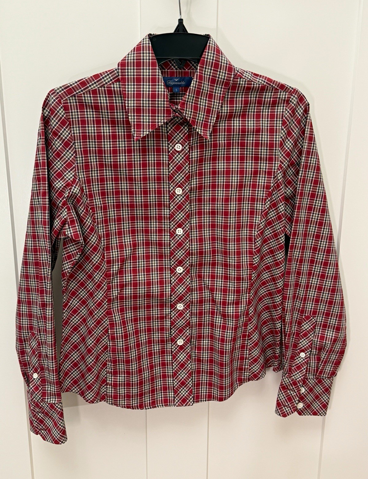 Faconnable Women’s Red Plaid Button-Up Shirt Small Cotton Woven Long Sleeve