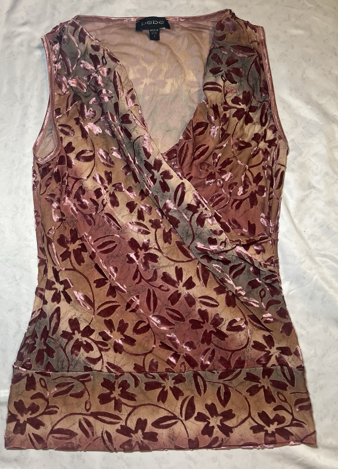 Vintage Y2K Bebe Burnout Velvet Floral Sheer Faux Wrap Sleeveless,Mauve Pink, S
