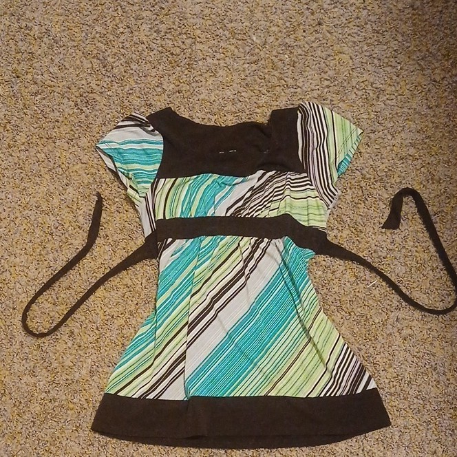 Speechless Women’s L Black/Blue/Green/White Striped Scoop Neck Tie Tunic Top