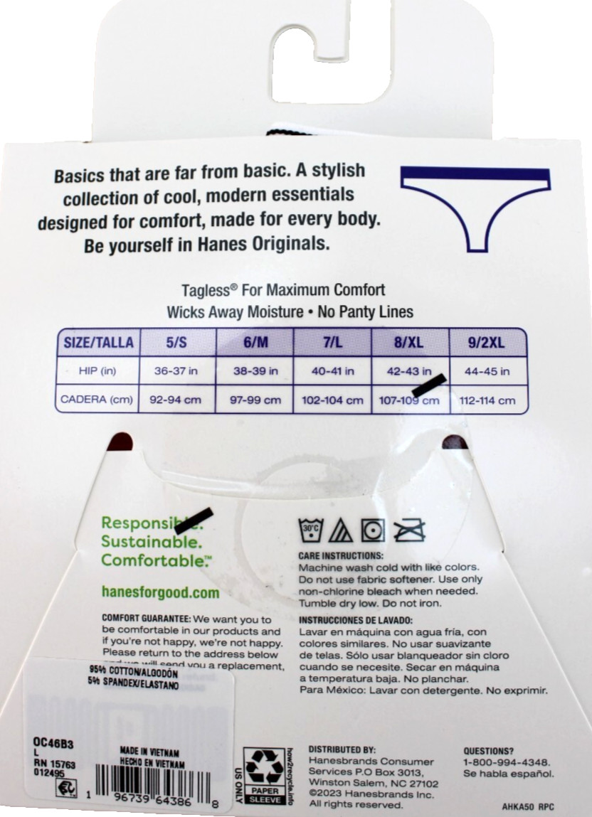 HANES Original Size 7 / L 3-pack Multi-Colors 95% Cotton Women Thong Panties