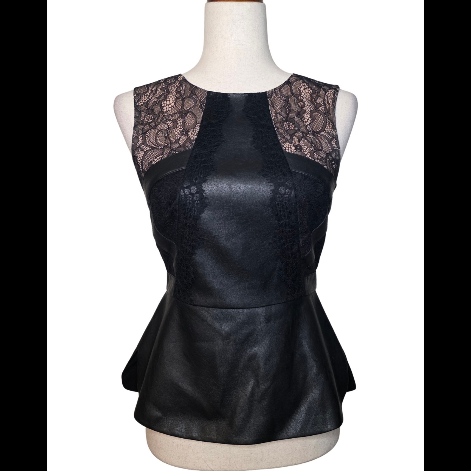 Women’s BCBGMAXAZRIA Black Faux Leather Lace Sleeveless Peplum Top – Size XS