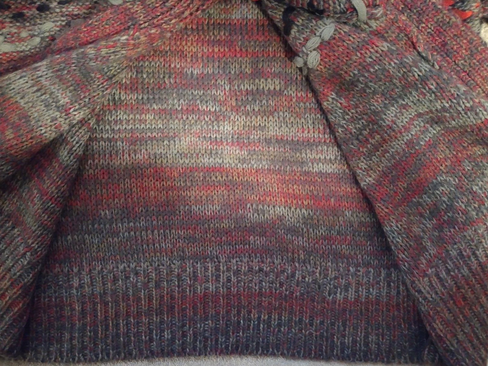 DAYTRIP Buckle Cardigan Small Sweater Open Front Fringe Red Black Gray Boho Knit