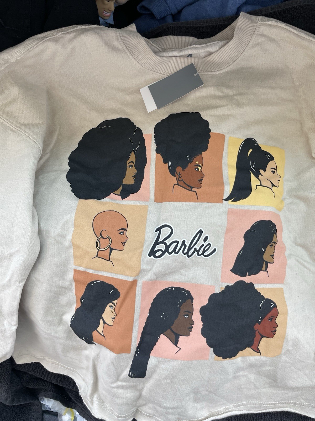 Barbie Women’s Beige Graphic Logo Fleece Crewneck Pullover Sweatshirt Size S