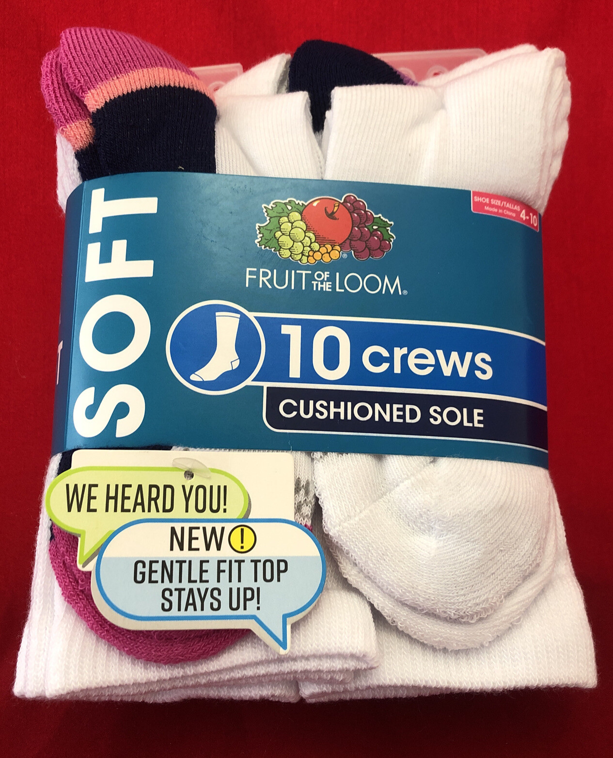 Ladies Fruit of the Loom White Cushioned Crew Socks Shoe Size 4-10 New 10 Pairs