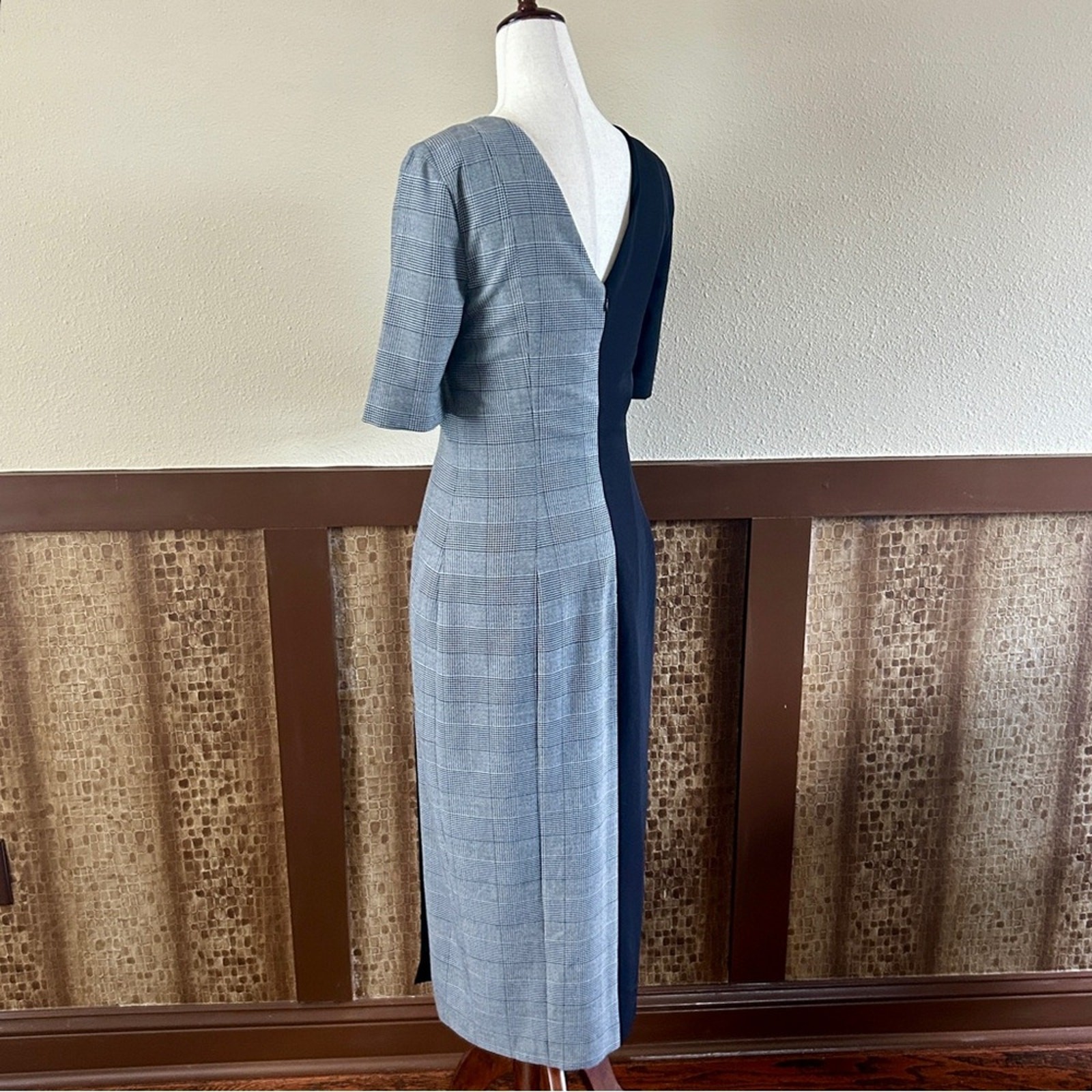 Fame & Partners Everly Button Front Black & Plaid Midi Dress Size 6