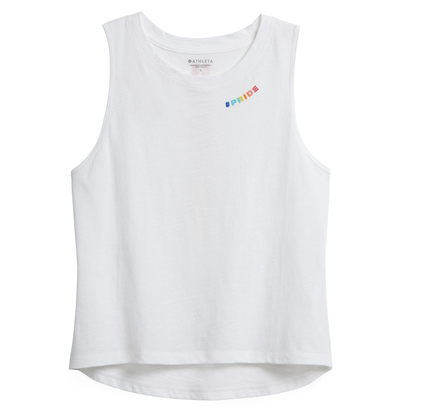 ATHLETA WHITE PRIDE SLEEVELESS CREW NECK GRAPHIC ORGANIC DAILY CROP TANK Sz M