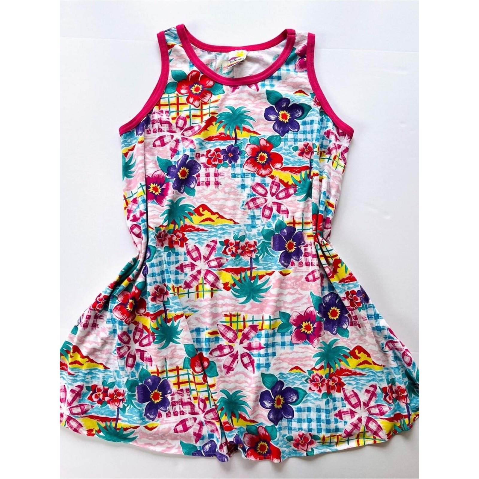 Vintage 90s Beach Coverup Floral Plaid Tropical Soft Cotton Sleeveless Ringer L