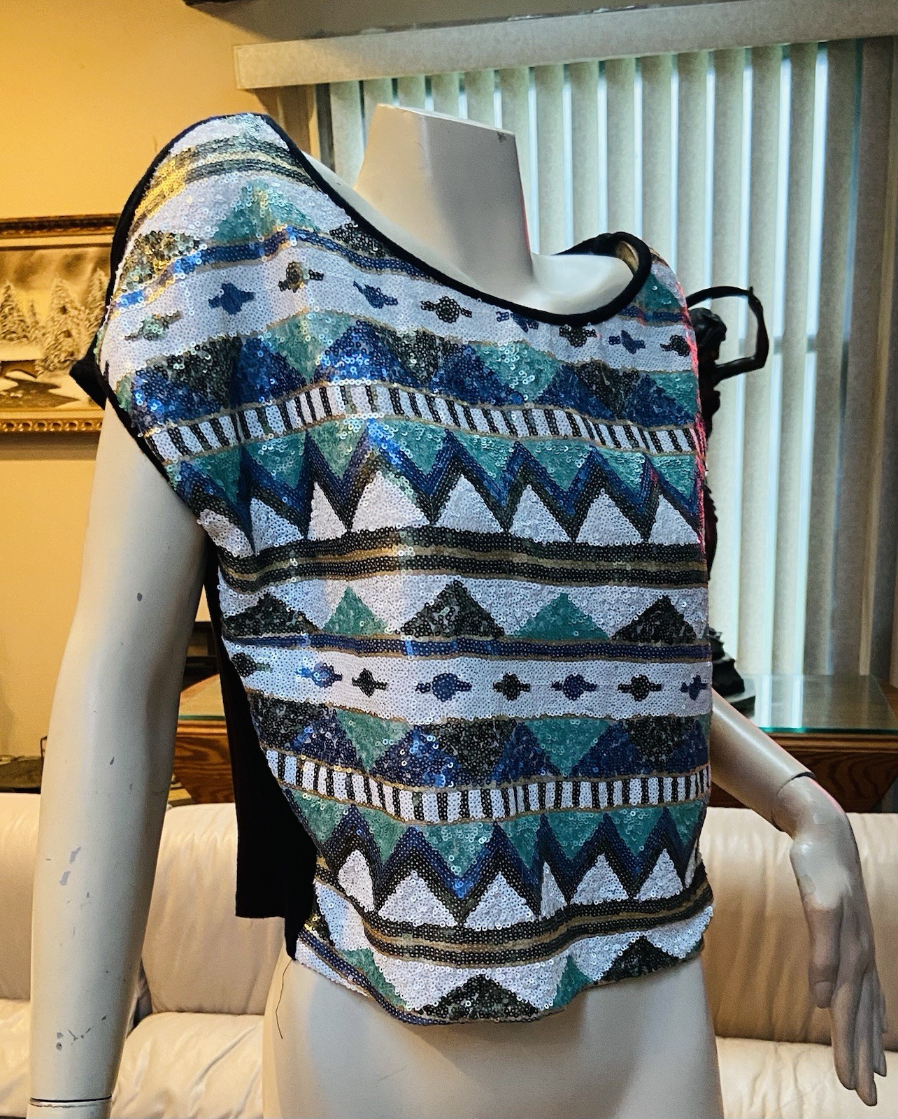 Dazzling Clear Sequins pullover top geometric design, soft,fabric U.S.A. SIZE L