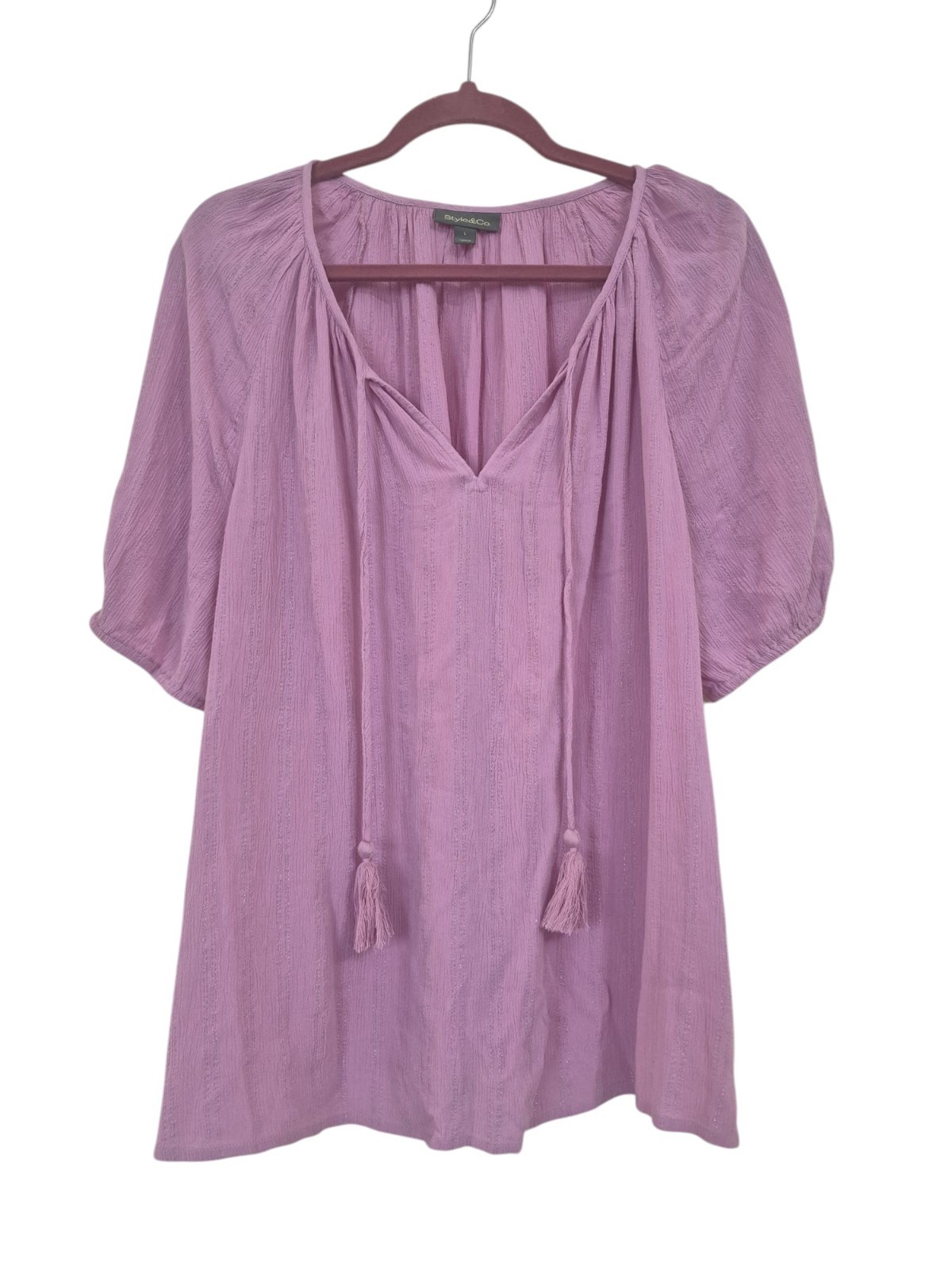 Style & Co Women’s Split Neck Tassel Shine Top