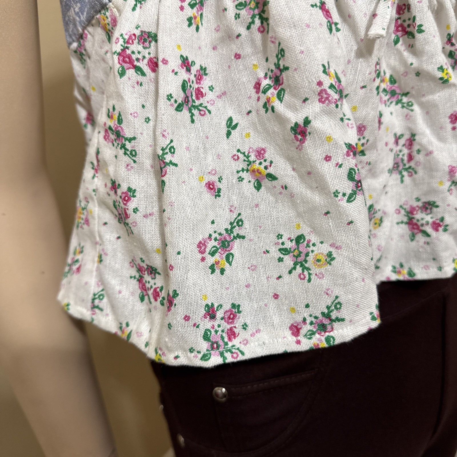Women’s White Blue Floral Polyester Summer Open Slim Lacing Size S Blouse Top