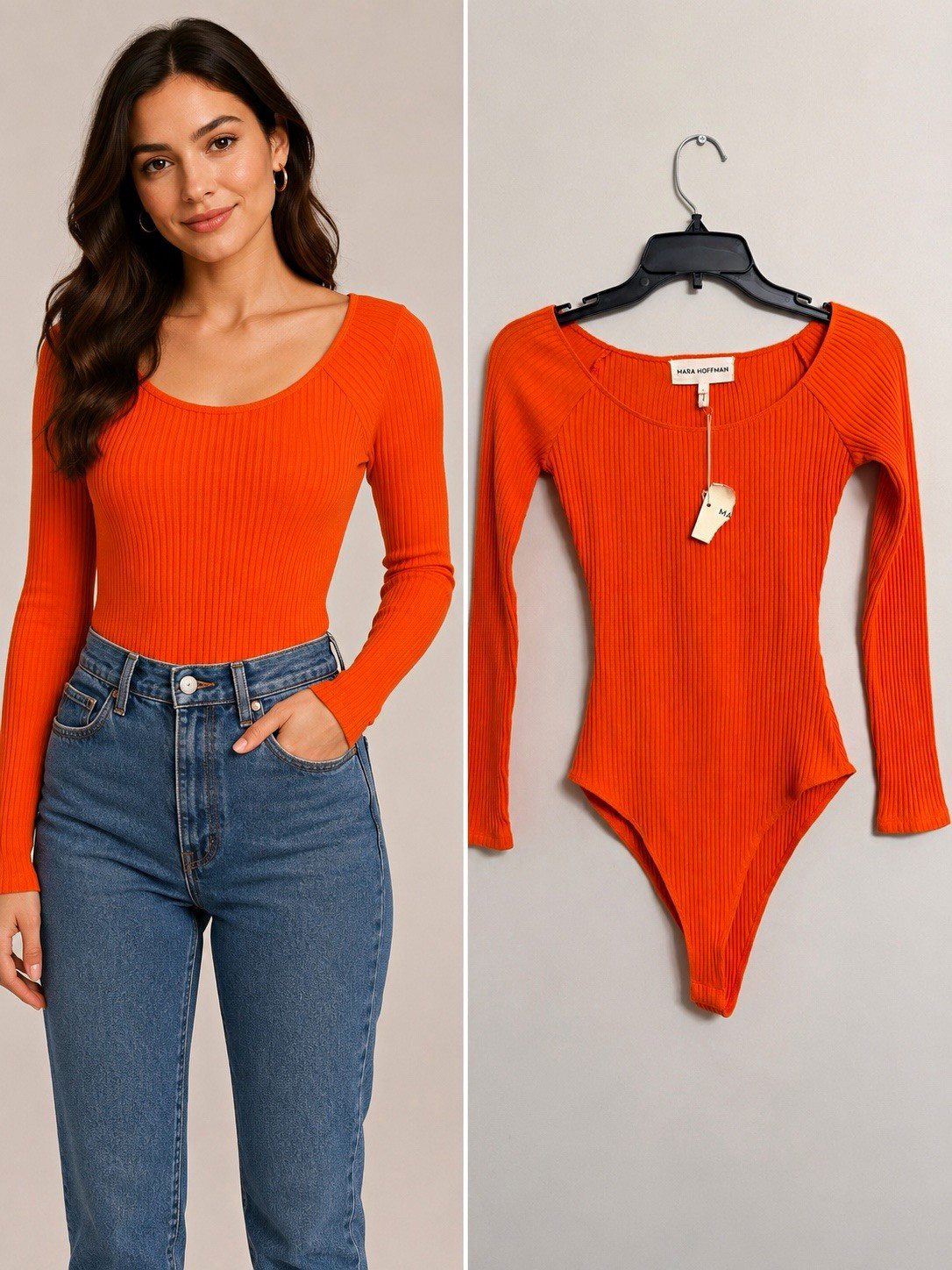 Mara Hoffman Orange Rib Knit Bodysuit Size S Organic Cotton Long Sleeve Portugal