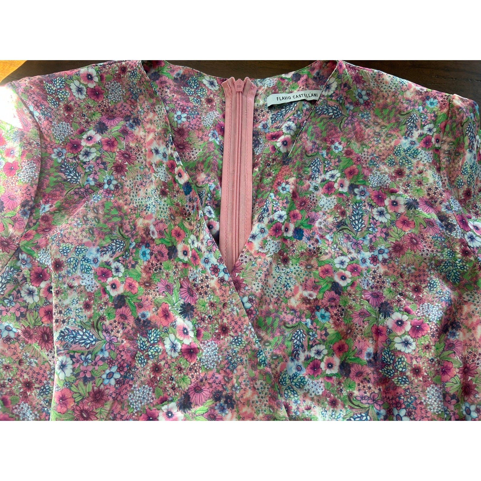 Flavio Castellani Italy Floral Satin Tie Mini Dress 42 M Long Sleeve Wrap